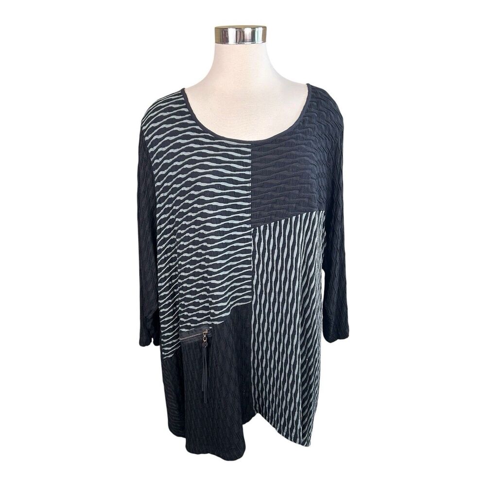 Ali Miles Mixed Media Texture Tunic Zipper Lagenlook BLK/Wht Plus Sz 3X